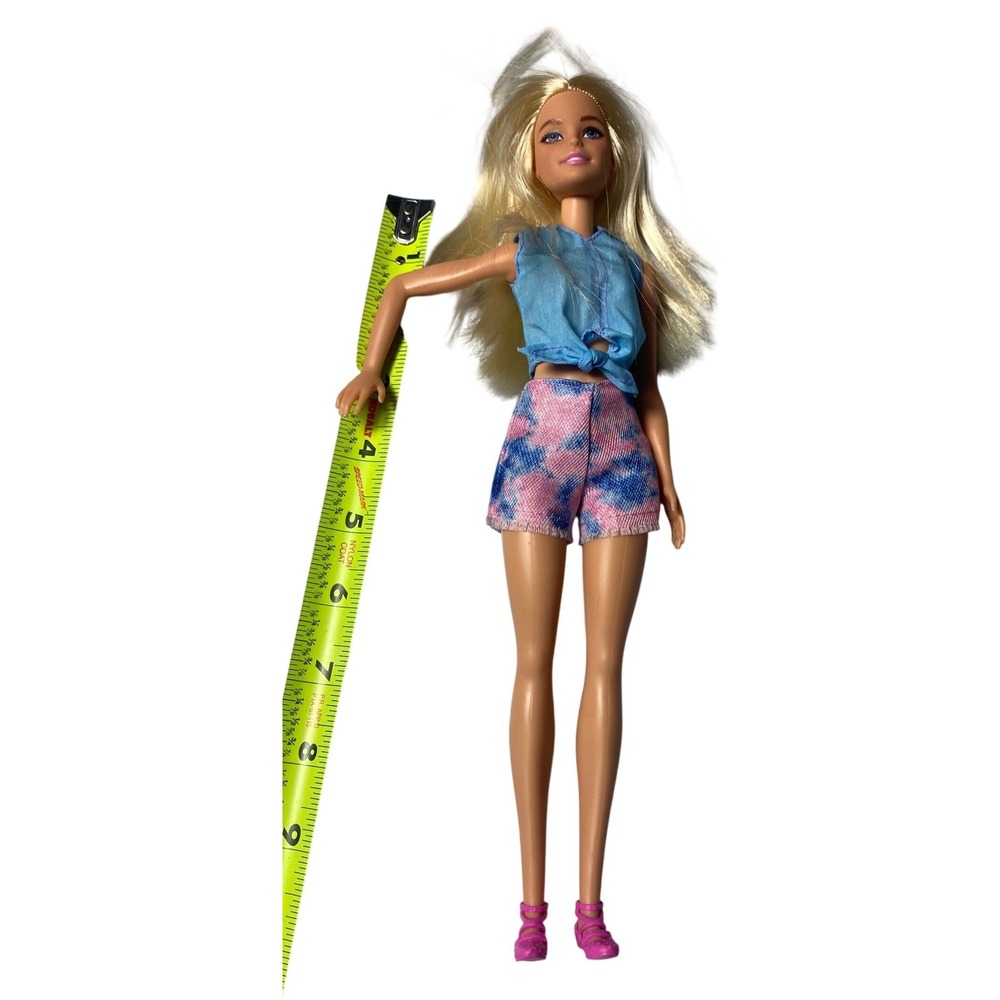 Mattel Barbie Doll Blonde Blue Eyes Blue Tie Front Top Tie Dye Shorts Pink Shoes